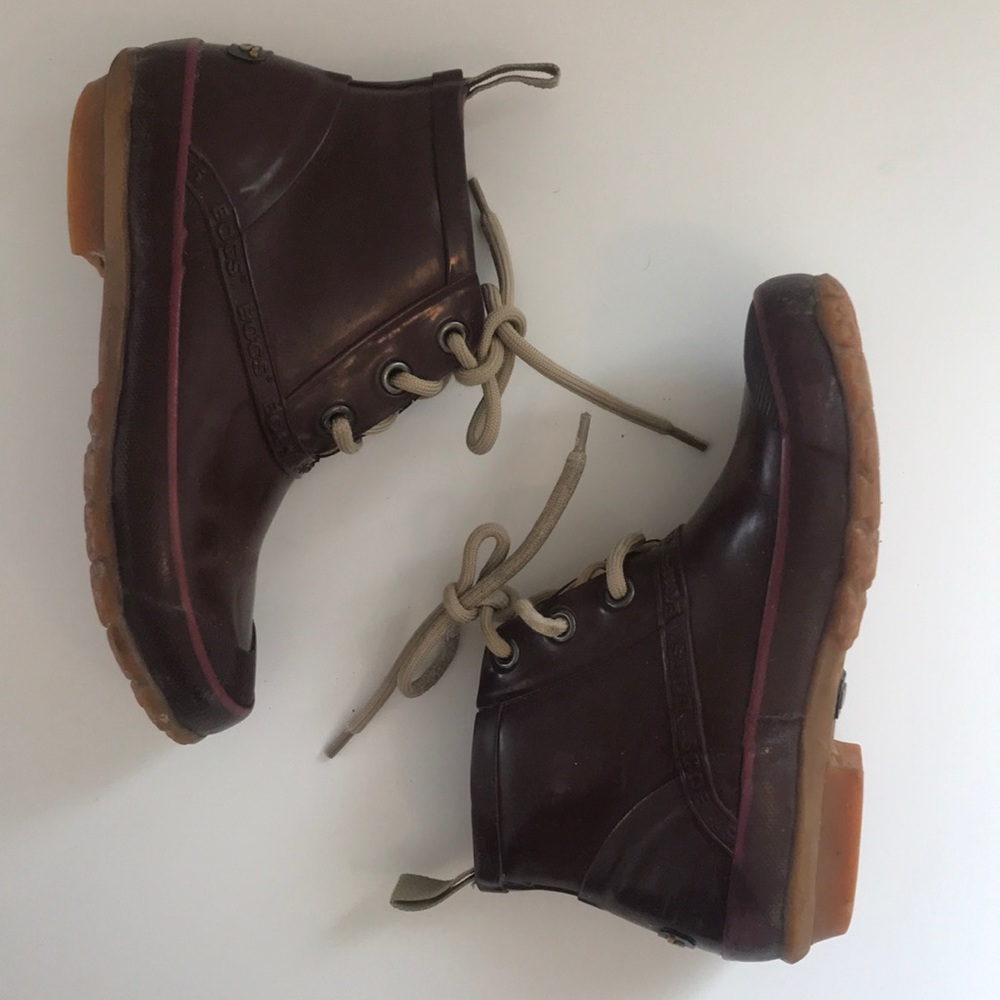 Eggplant purple Bogs ankle rain booties